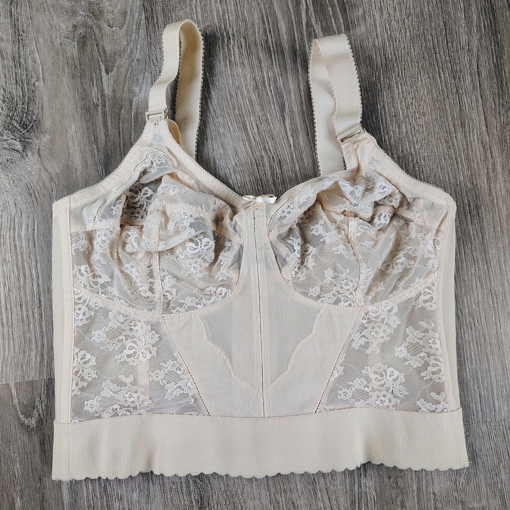 Vintage Bali‎ Longline Bra 40D Beige Wireless Semi Sheer Lace Floral Boning 3300